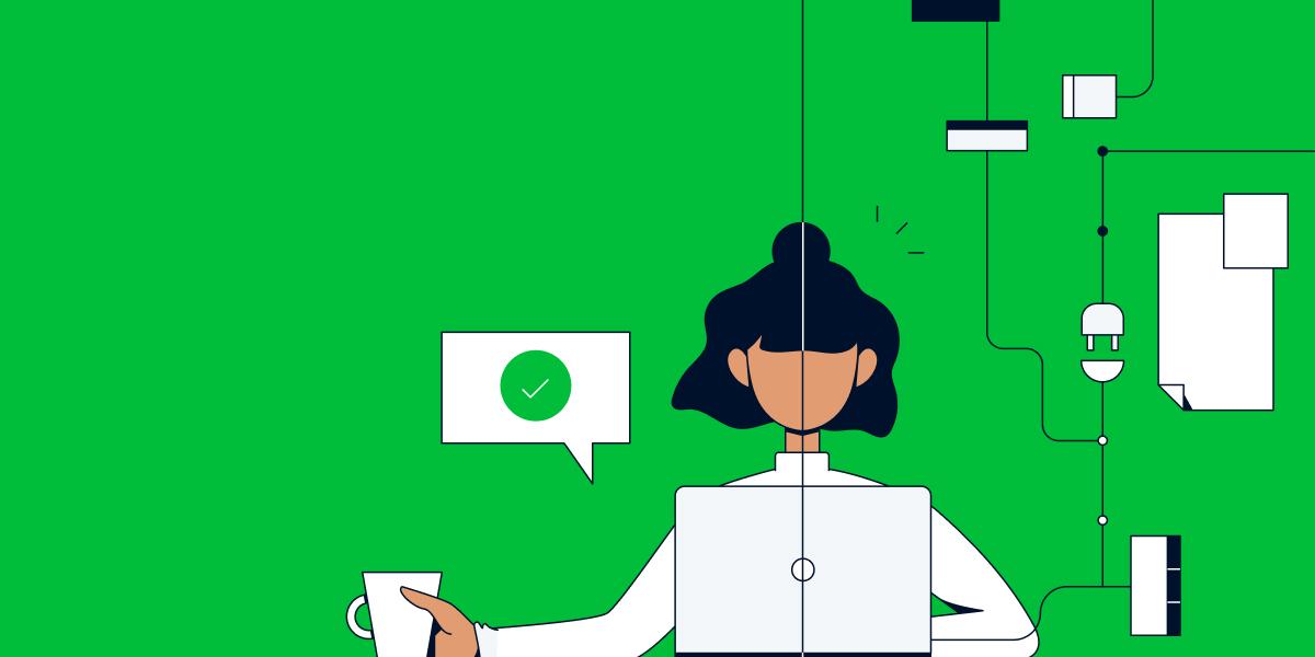 Illustrated figure with a cup of coffee surrounded by abstract tech elements on a green background.