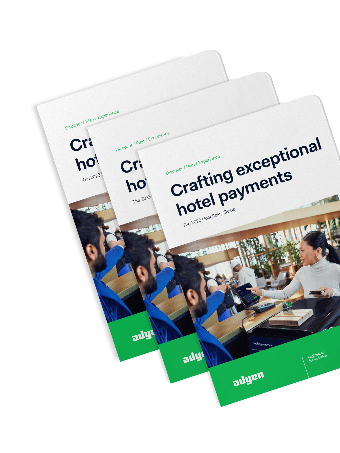Brochures titled 'Crafting exceptional hotel payments' by Adyen featuring a hotel scene