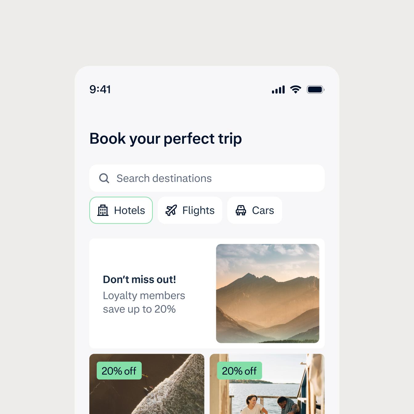 UI mobile screen about booking your perfect trip and getting a discount for loyalty members, for Index Hospitality