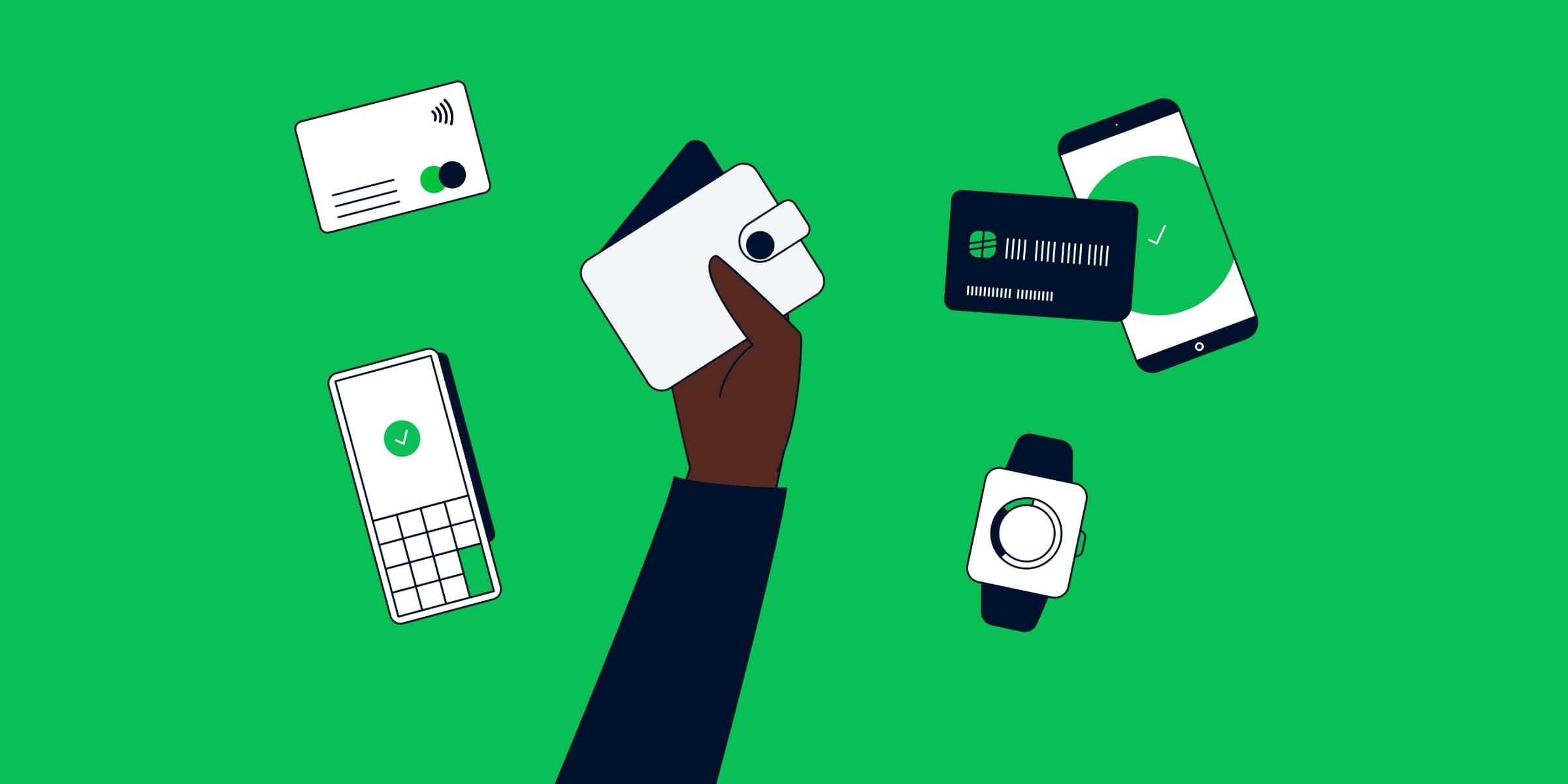 Various payment methods including card, smartphone, smartwatch, and POS terminal.