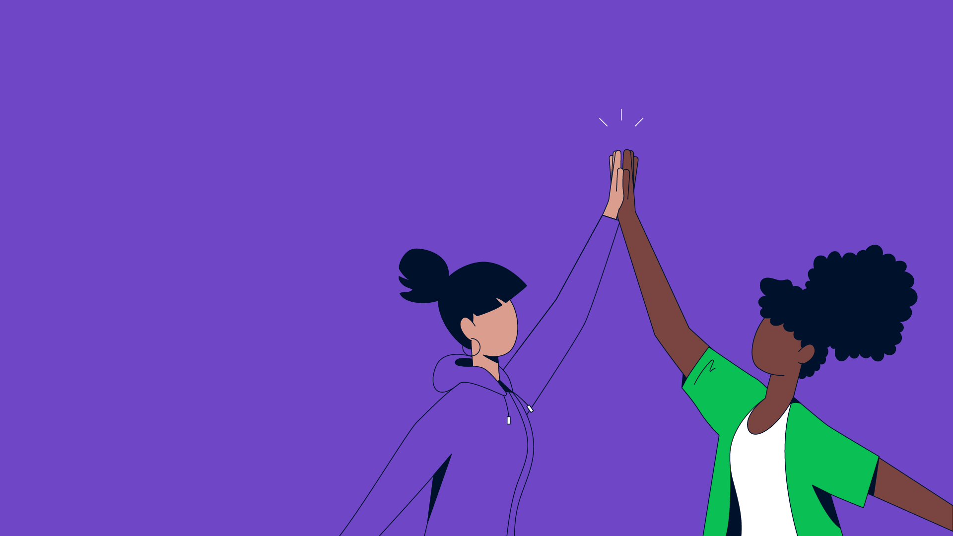 Dois personagens animados dando as cinco em um fundo roxo