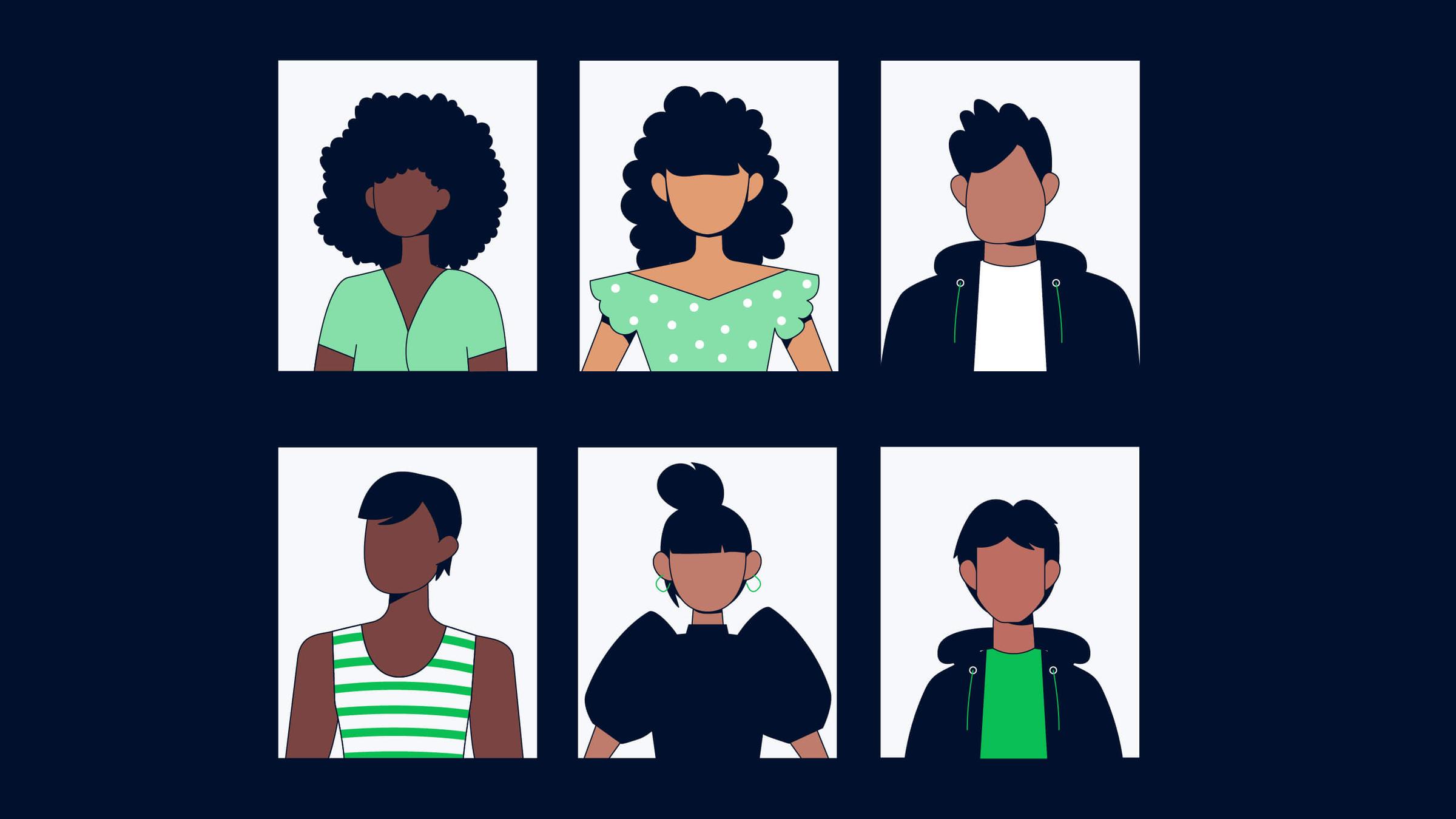 Seis personagens ilustrados diversos exibidos em formato de grade.