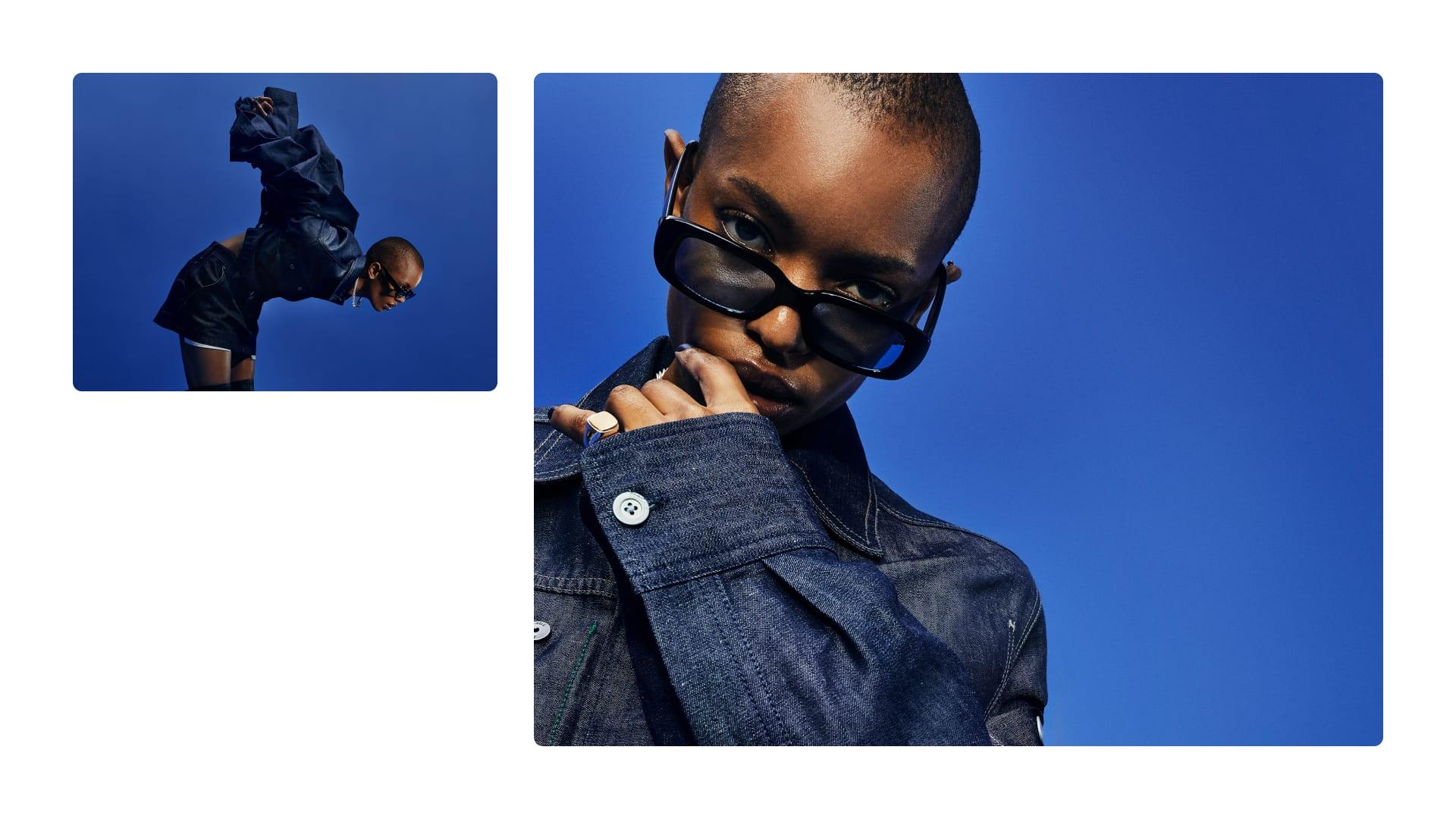 To bilder av modeller iført G-Star RAWs jeans. Begge poserer med solbriller.