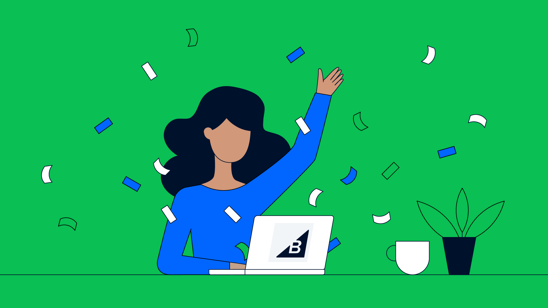 Vrouw omringd door confetti viert met een laptop met het BigCommerce-logo.