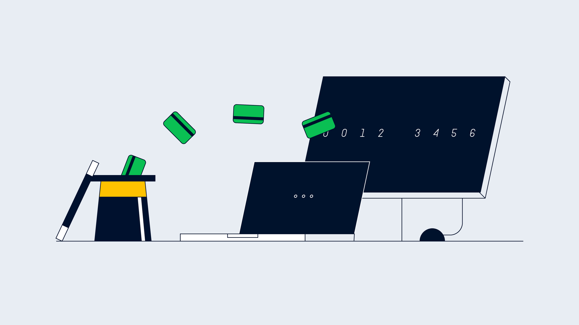 Illustrazione stilizzata di carte di credito che fluttuano intorno a un monitor e un laptop.