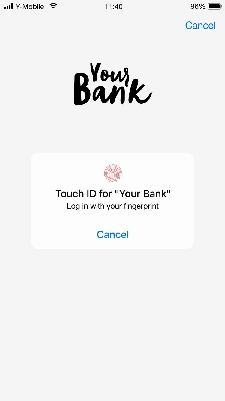 Mobile screen displaying 'Your Bank' fingerprint login prompt with cancel button at the bottom.