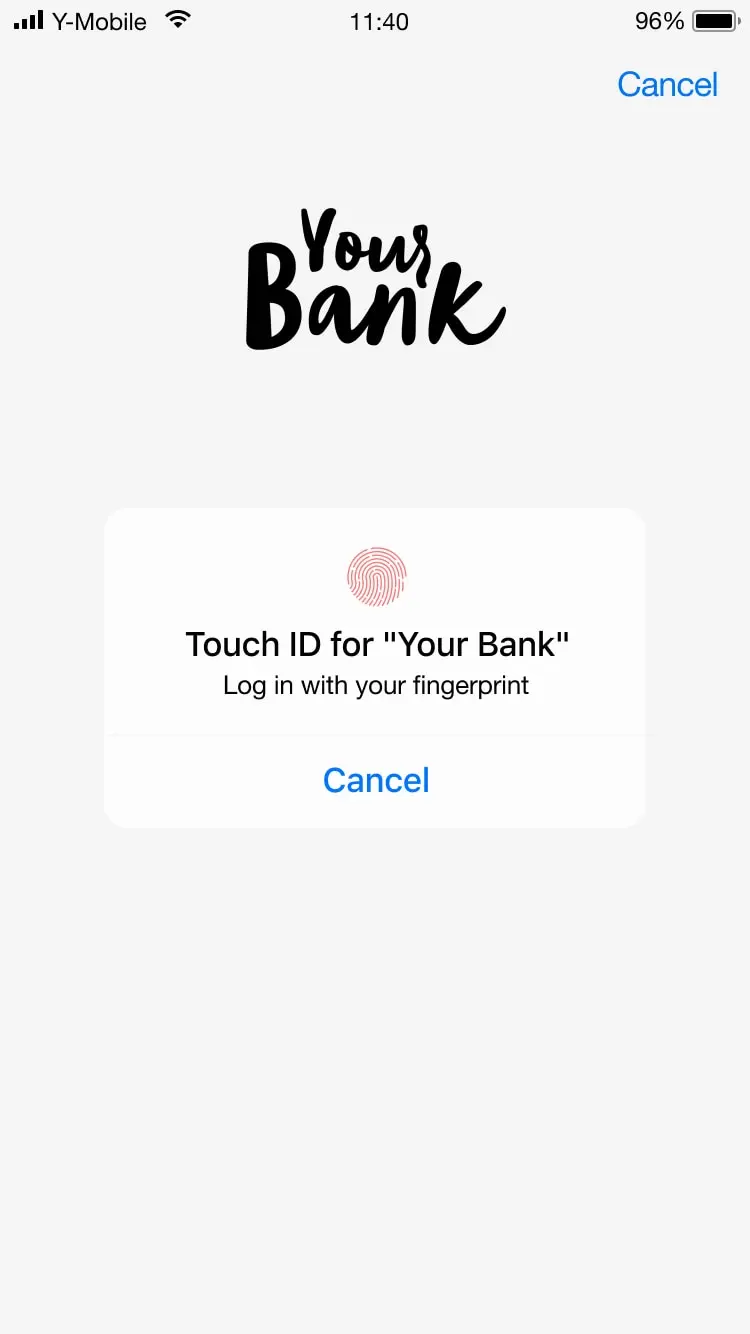 Mobile screen displaying 'Your Bank' fingerprint login prompt with cancel button at the bottom.