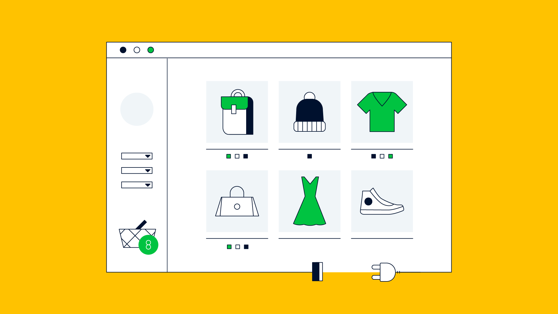 Online shopping interface with cart indication showing eight items and various products displayed.