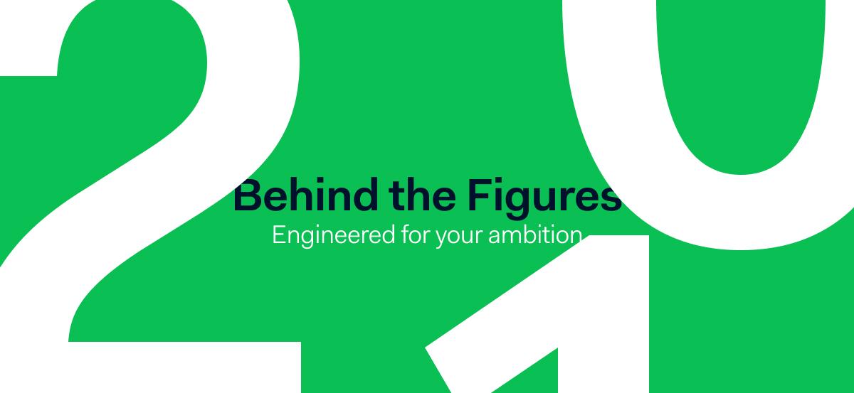 Green background with white large numbers and text 'Behind the Figures' slogan, 'Engineered for your ambition'.