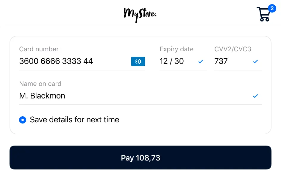 Checkout screen with credit card payment information fields and a pay button displaying 108,73.
