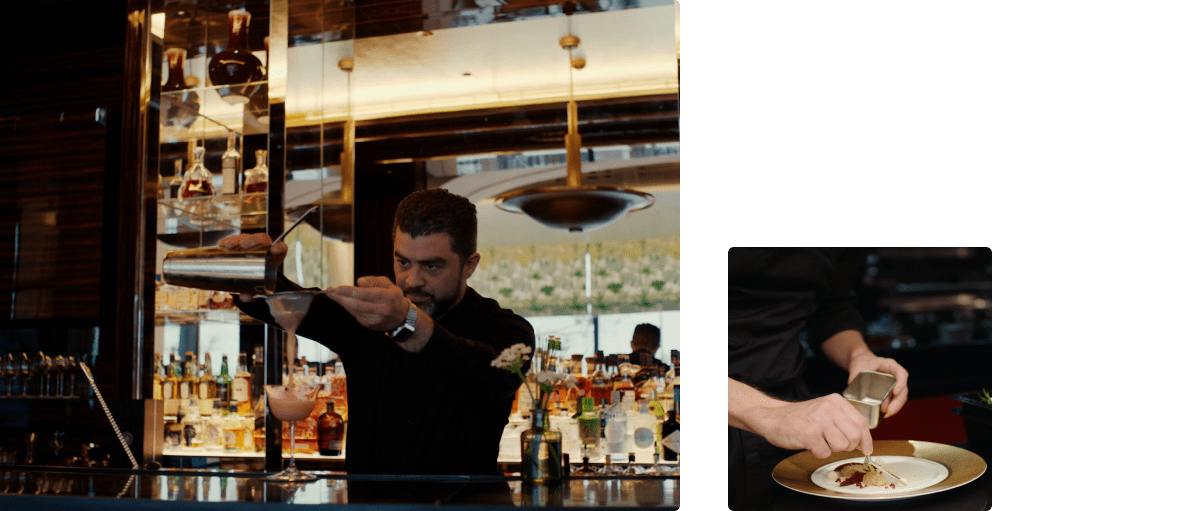 Collage zweier Bilder. Das erste zeigt einen Bartender, das zweite eine Person, die einen Teller anrichtet