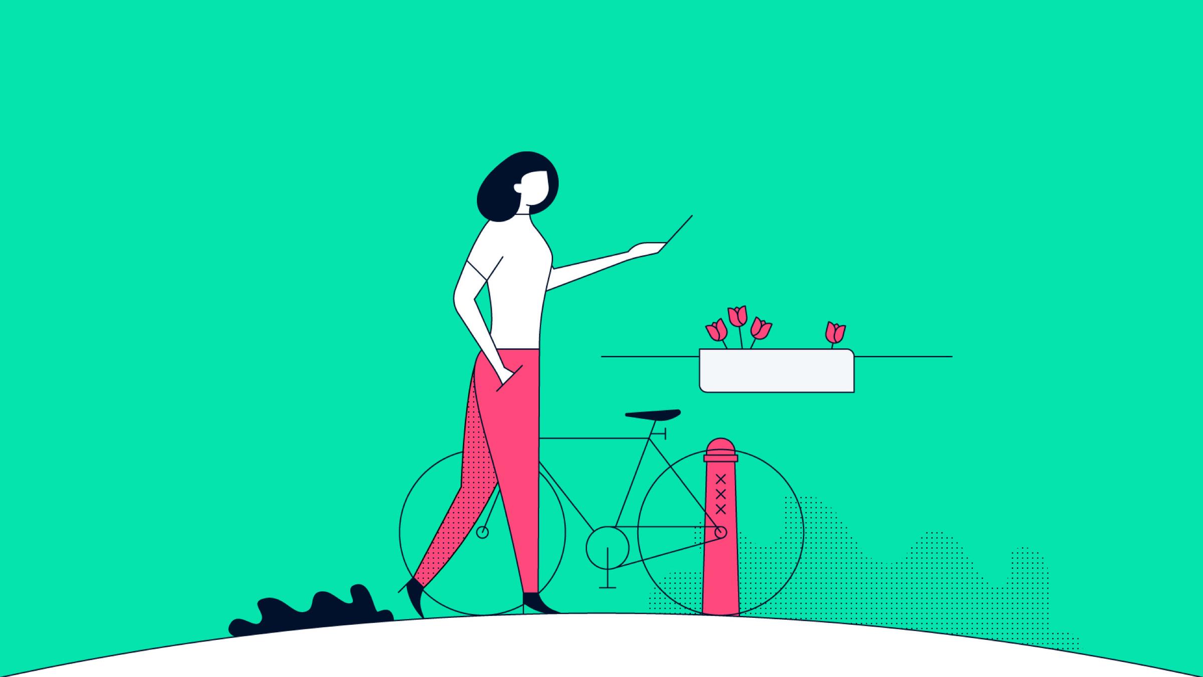 Stylized illustration of a person with a bike standing near a payment terminal with flowers on top.