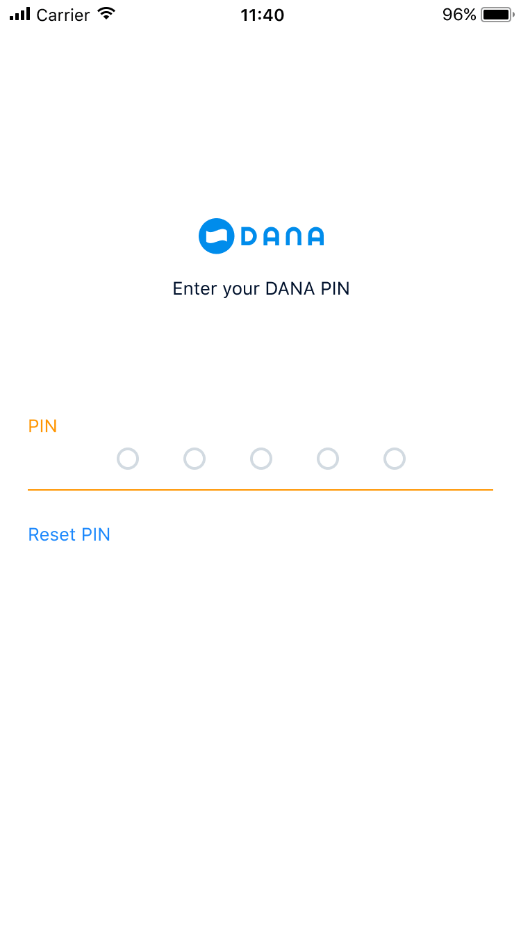 Mobile screen showing a PIN entry interface with a 'Reset PIN' option below.