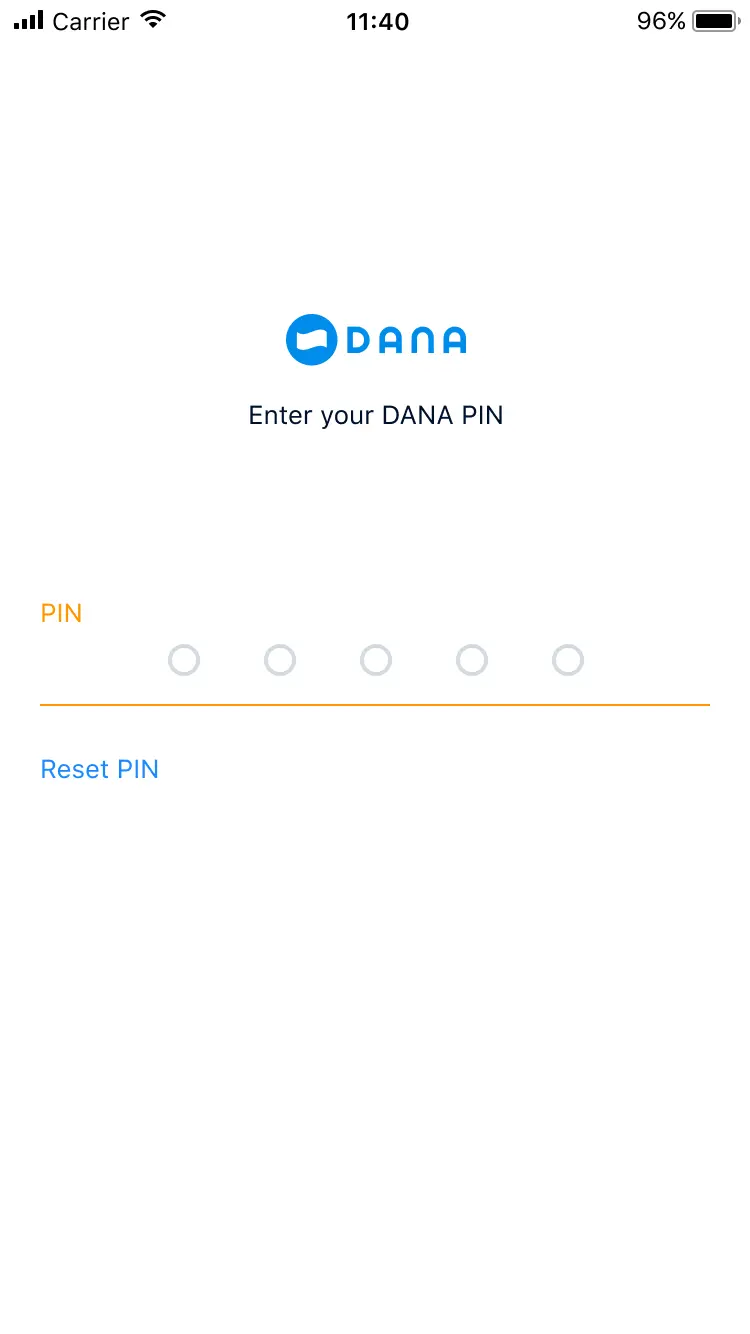Mobilskjerm som viser et PIN-inntastinggrensesnitt med en 'Tilbakestill PIN'-valg under