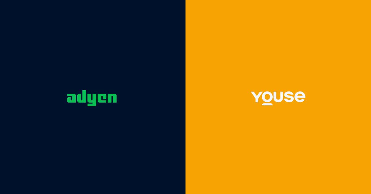 Logos Adyen e Youse em fundo azul-marinho e laranja dividido