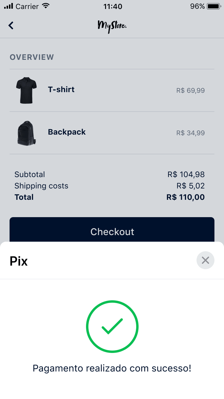 Mobile screen showing a successful Pix payment for an online purchase with items listed.