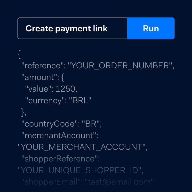 Screenshot showing an Adyen payment link creation interface with code and data fields.