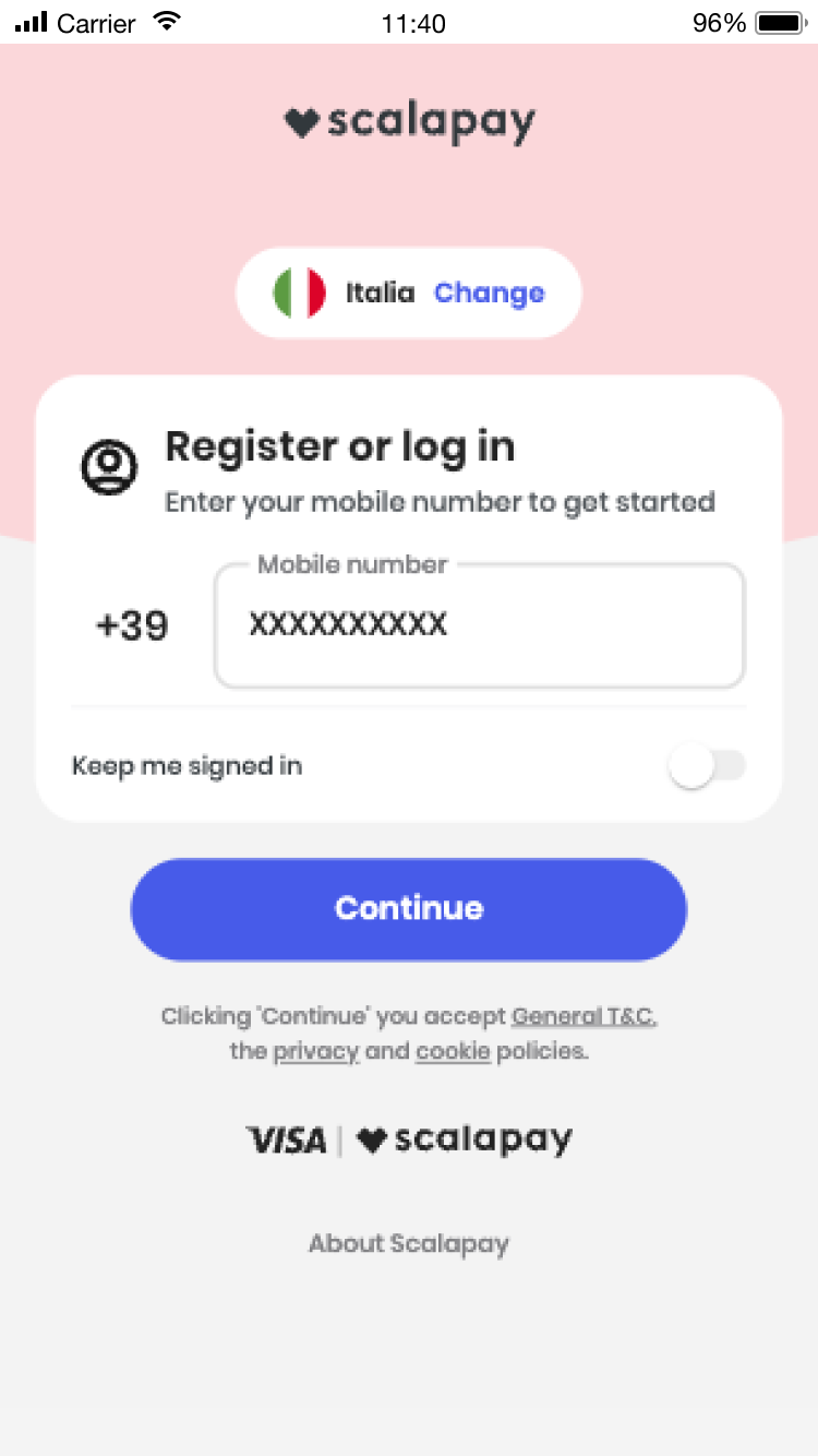 Mobile UI screen showing the Scalapay app in the register or log in screen