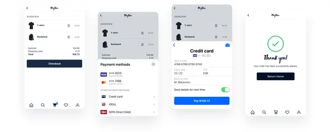 Pantallas de la aplicación de compras móviles que muestran un proceso de pago que incluye carrito de compras, métodos de pago y confirmación de pedido.