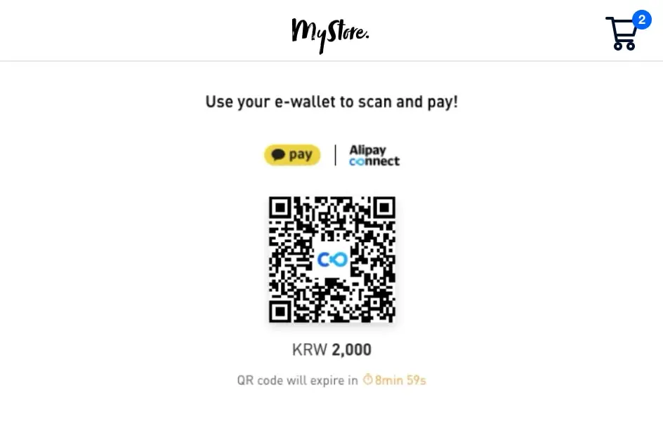 MyStore checkout screen with a QR code for e-wallet payment, showing Pay and Alipay Connect options.