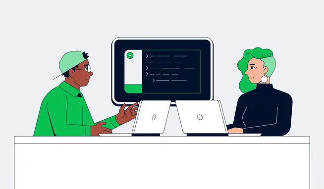 Two people discussing Adyen payment solutions on laptops with interface screen visible.