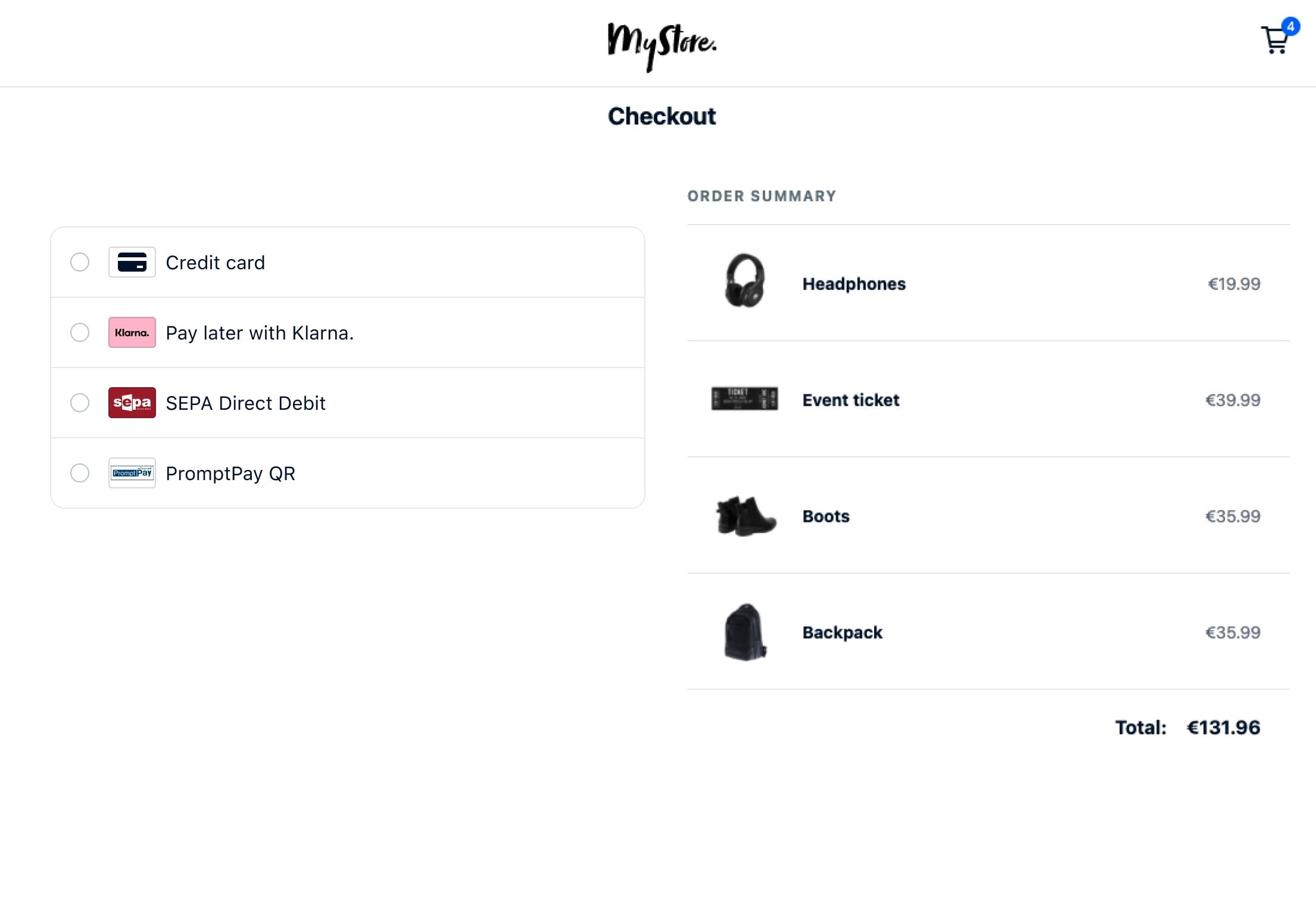 Checkout page showing payment options including credit card, Klarna, SEPA Direct Debit, and PromptPay QR with a summary of items to purchase.