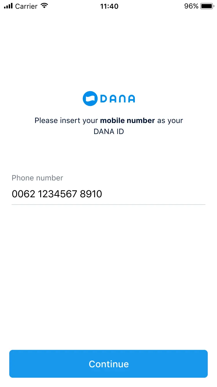 Mobilnummerinntastingsskjerm for DANA ID-registrering med blå 'Fortsett'-knapp