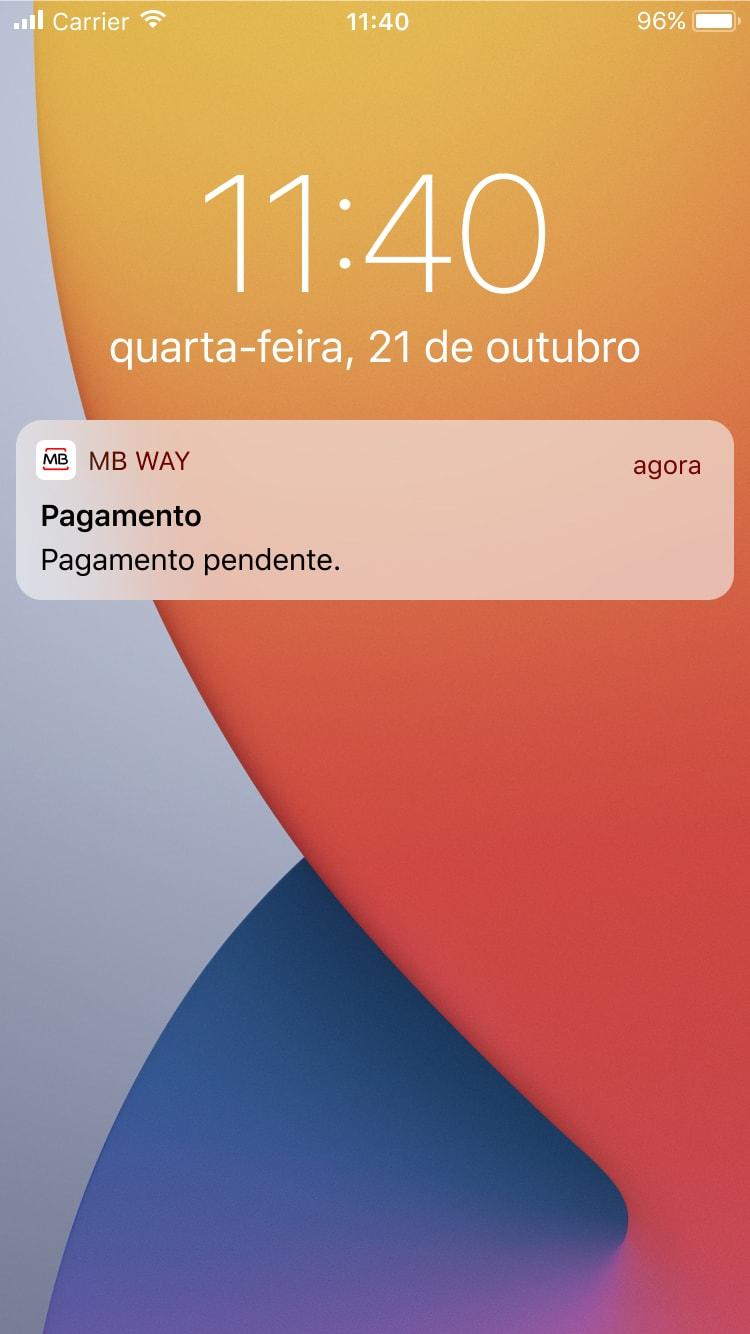 Smartphone screen displaying a notification from MB WAY indicating a pending payment.
