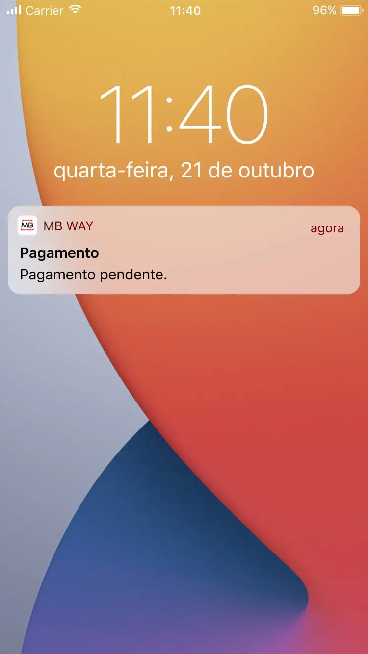 Smartphone screen displaying a notification from MB WAY indicating a pending payment.