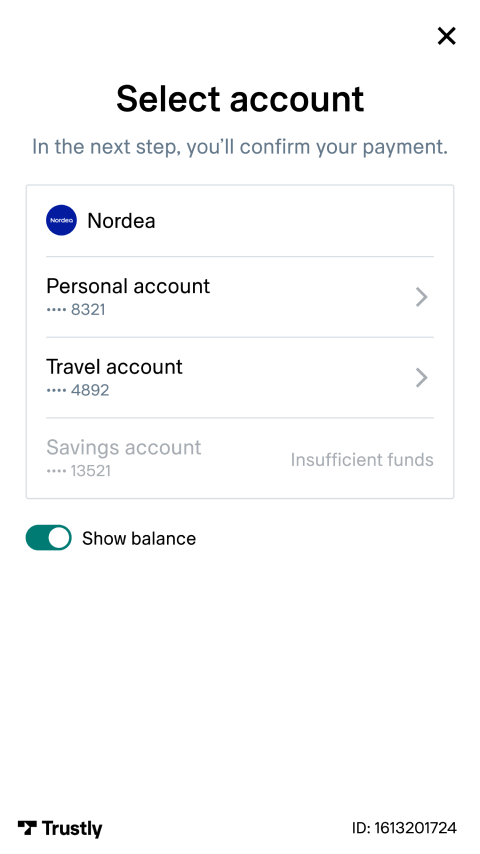 Mobile screen displaying account selection for payment with an option to show balance.