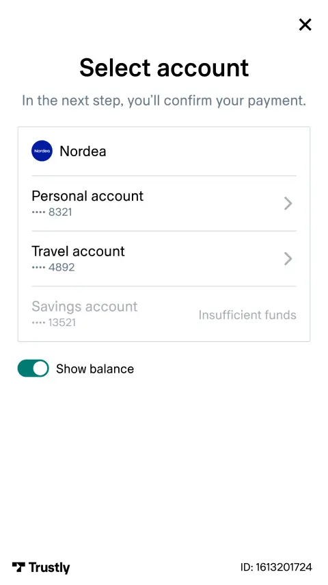 Mobile screen displaying account selection for payment with an option to show balance.