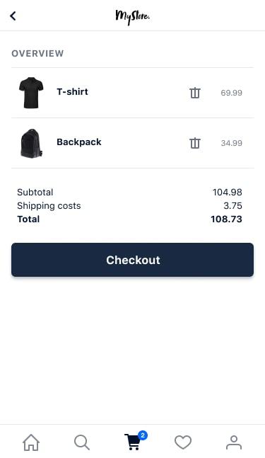 Mobile shopping cart screen showing a T-shirt and backpack with prices and a checkout button.