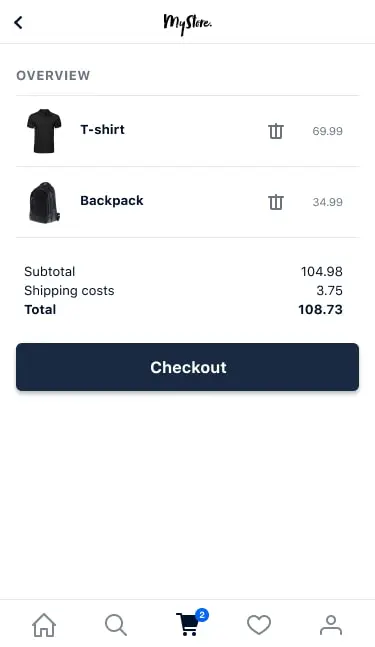 Mobile shopping cart screen showing a T-shirt and backpack with prices and a checkout button.