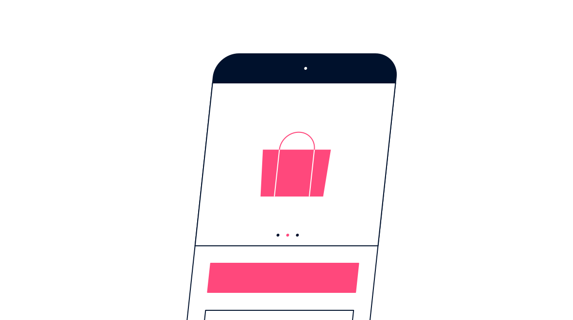 Teléfono inteligente con una interfaz de compra simplificada y un icono de bolsa de compras.