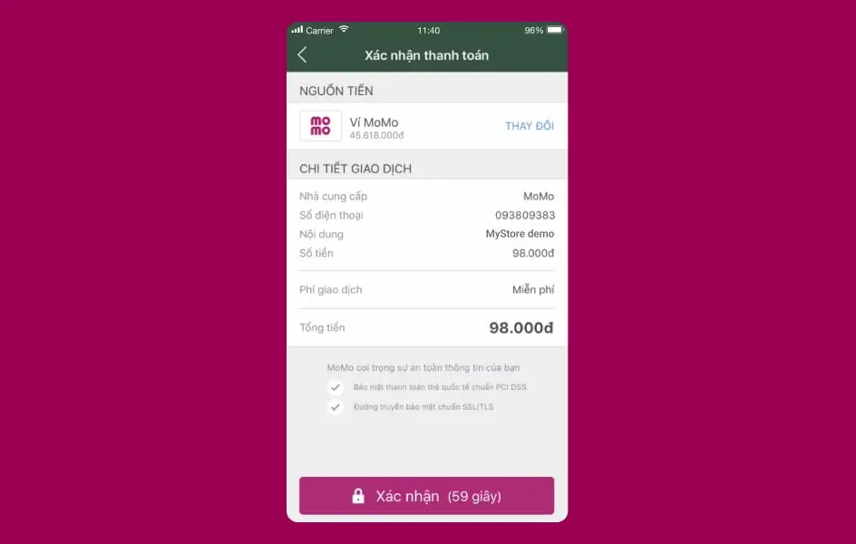 Mobile payment confirmation screen displaying transaction details and a button to confirm payment.