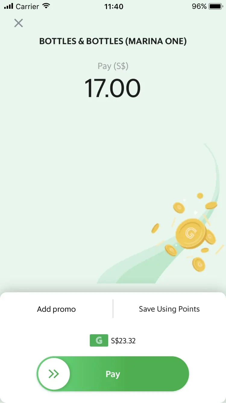 Mobile payment screen showing a total of $17.00 with options to add promo or save using points.