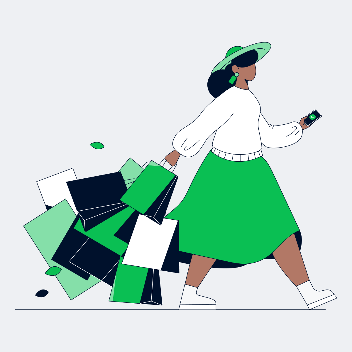 Mujer estilizada caminando y mirando su teléfono con terminales de pago Adyen saliendo de su bolso.