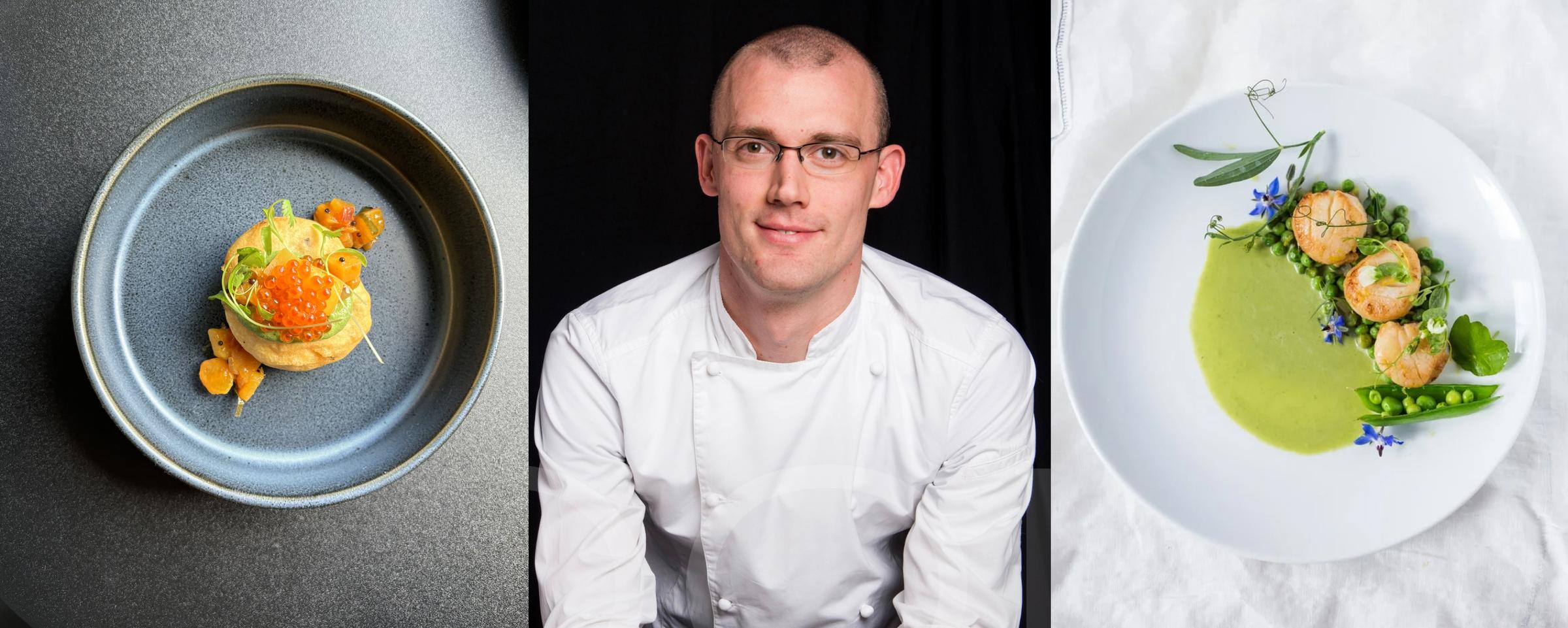 Photograph of chef and his dishes