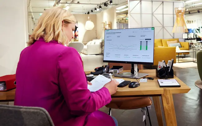 En person analyserer Adyen dashboard-analyser på en dataskjerm i en møbelbutikk.