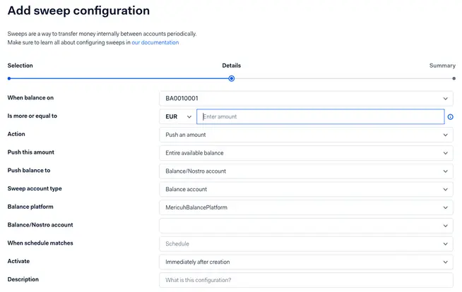 Screenshot of the 'Add sweep configuration' form in an Adyen product interface.
