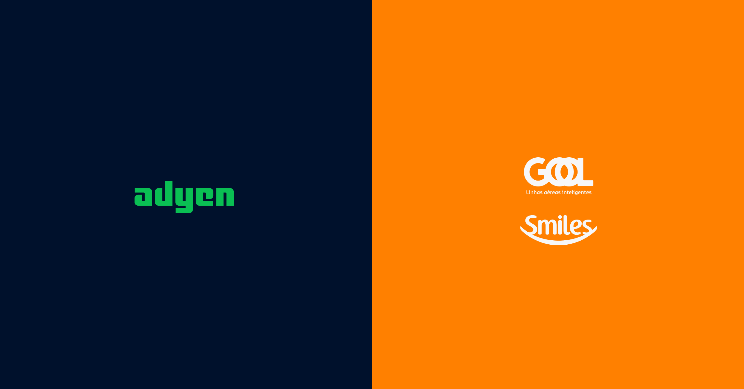 Logos da Adyen e marcas parceiras em fundo de duas cores