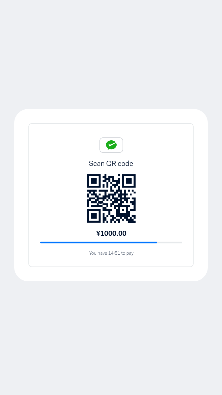 QR code on a smartphone screen for payment of 1000 yen with a countdown timer.