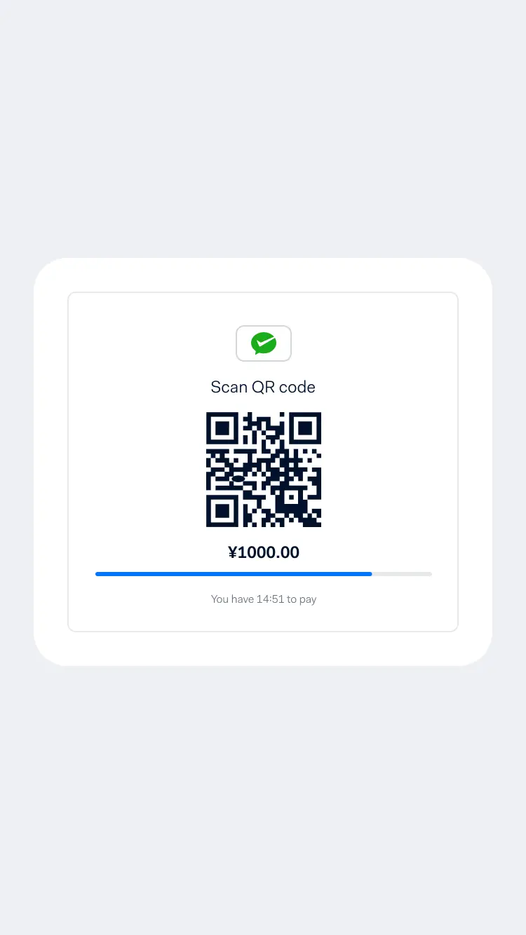QR code on a smartphone screen for payment of 1000 yen with a countdown timer.