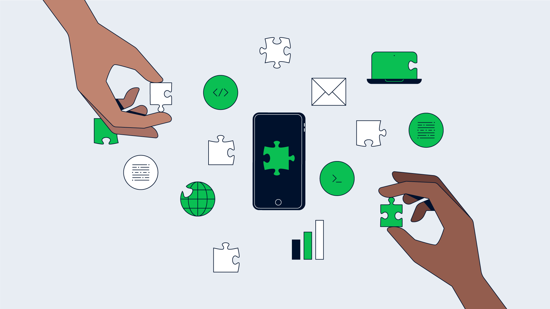 Hands assembling puzzle pieces with icons symbolizing Adyen's comprehensive payment solutions.