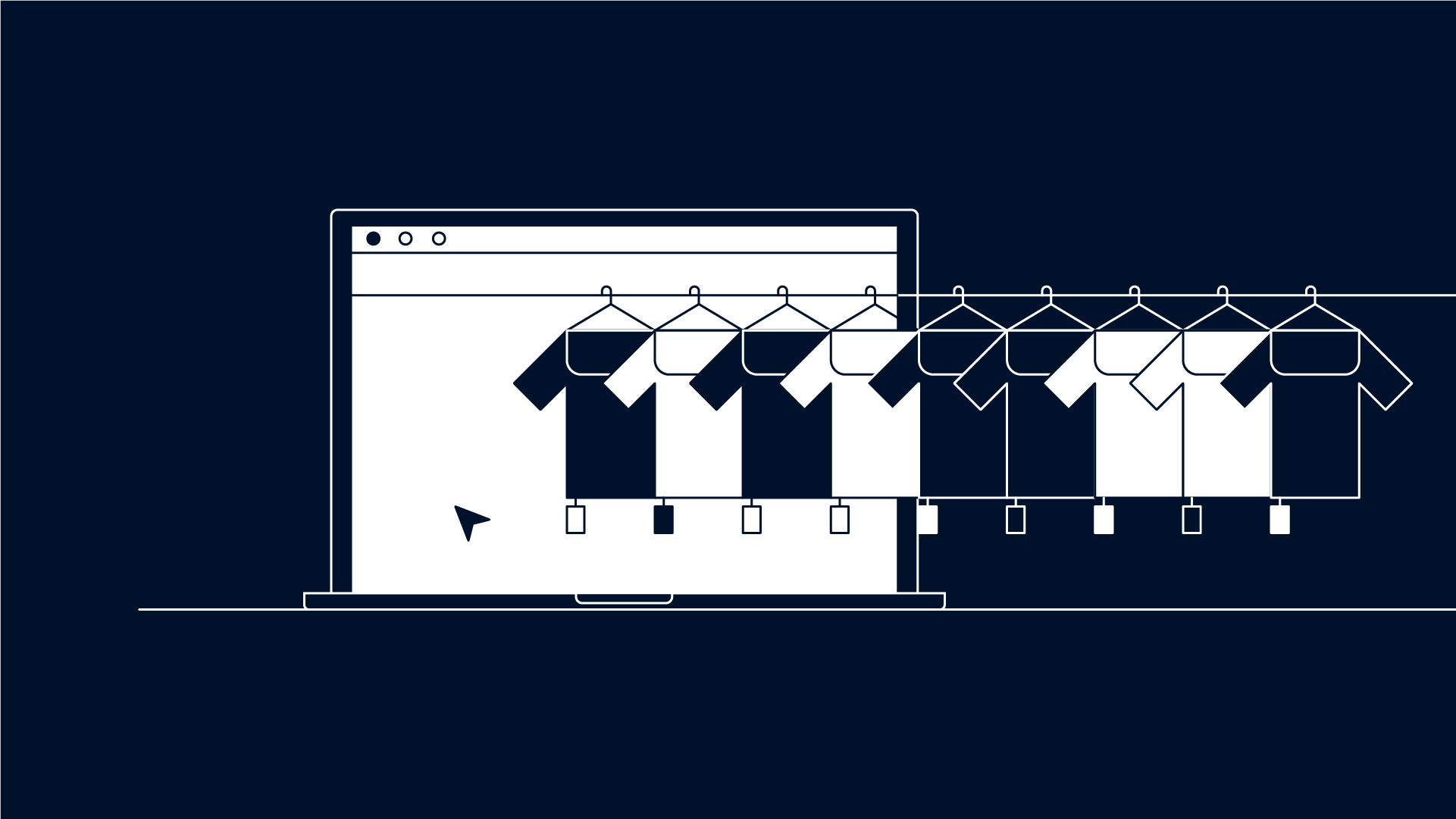 Linha de camisetas estilizadas penduradas em uma página da web, representando compras online