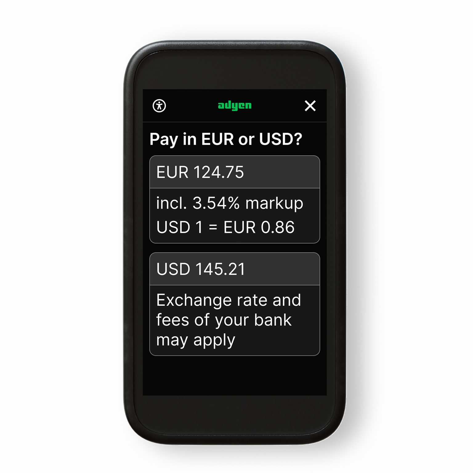 Terminal POS Adyen wyświetlający przeliczenie waluty na ekranie