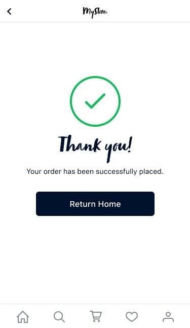 Successful order confirmation screen with a thank you message and a return home button.