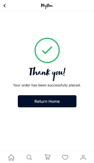 Successful order confirmation screen with a thank you message and a return home button.