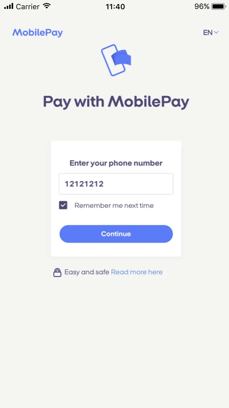 Mobile payment app interface showing the option to pay with MobilePay.