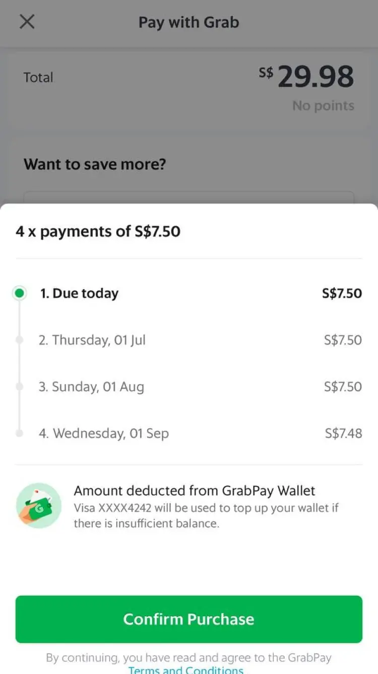 Payment screen with a total of S$29.98 and a 4-part payment plan option using Grab.